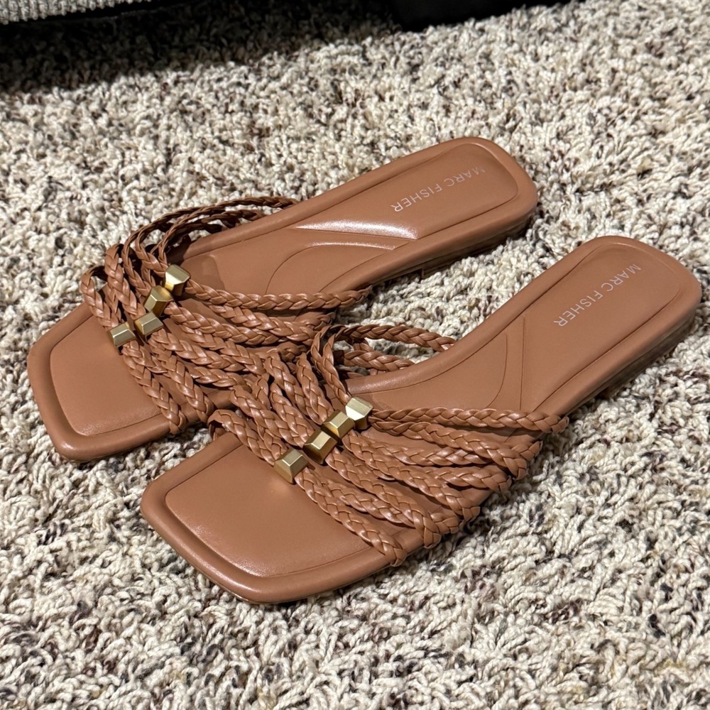 Marc Fisher Womens Braided Multi Strap Square Toe Slide Sandals Brown Gold 8M